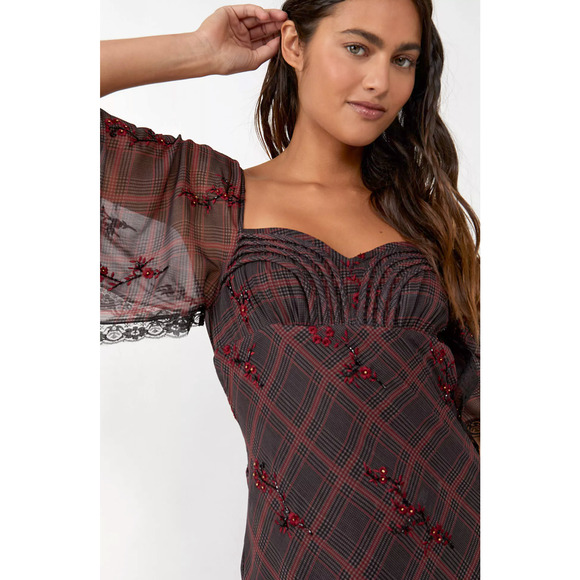 NEW FREE PEOPLE PLAID FALLEN FLOWERS MIDI DRESS SIZE 0 - Picture 6 of 14